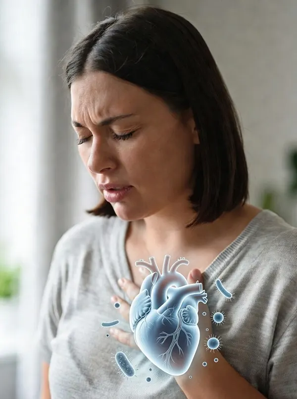 A woman experiencing pain in the heart area