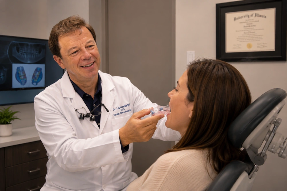 Dr. Lipovetskiy fitting custom oral appliance / patient wearing MAD device